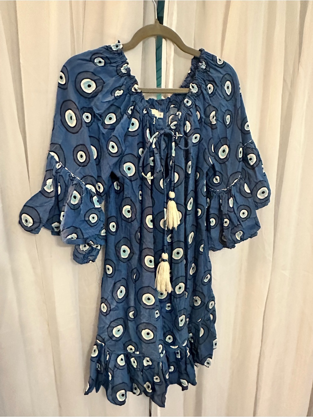 Skemo Blue Printed Beach Dress with Tassel Detail